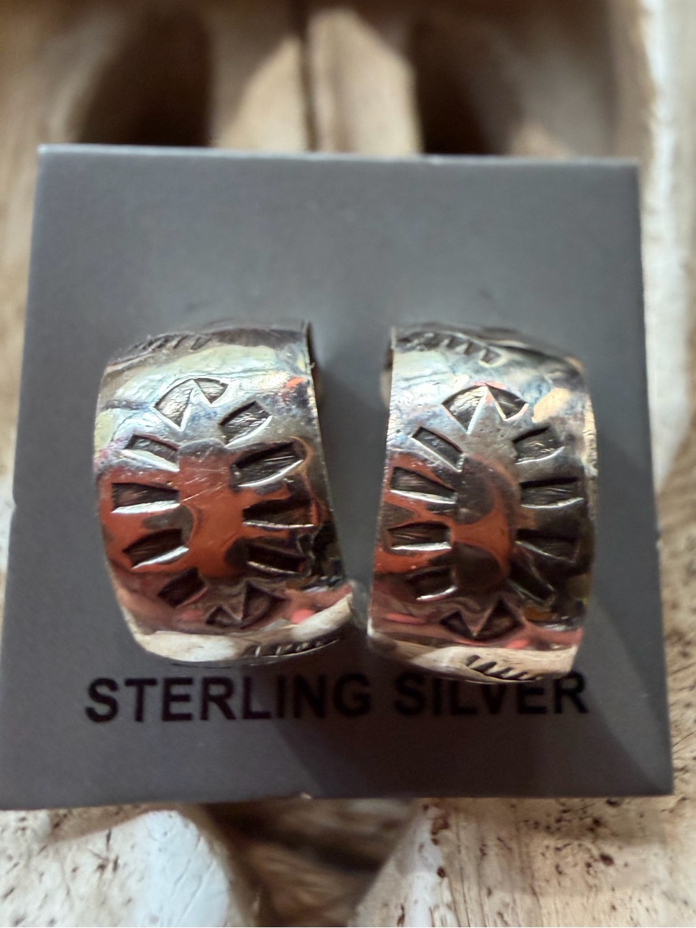 Navajo Handmade Sterling Silver Sunburst Hoop Earrings - Sterling Silver